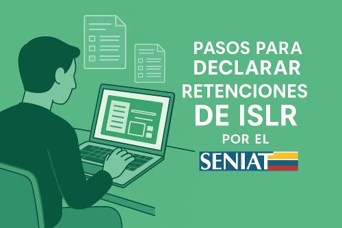 Captura conceptual de un usuario frente a una laptop accediendo al portal del Seniat para declarar retenciones de ISLR en línea, con elementos visuales que representan formularios electrónicos y el logo del Seniat.