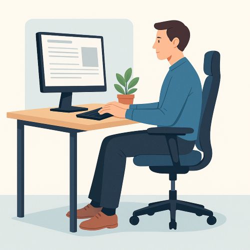 Ilustración de un hombre con postura adecuada en su escritorio, monitor a la altura de los ojos, brazos en ángulo recto y pies apoyados, representando una estación de trabajo ergonómica.