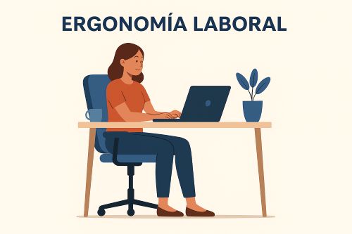 Ilustración en estilo plano de una mujer joven trabajando cómodamente en un escritorio ergonómico con silla ajustable, monitor elevado y postura saludable, representando prácticas ideales de ergonomía laboral.