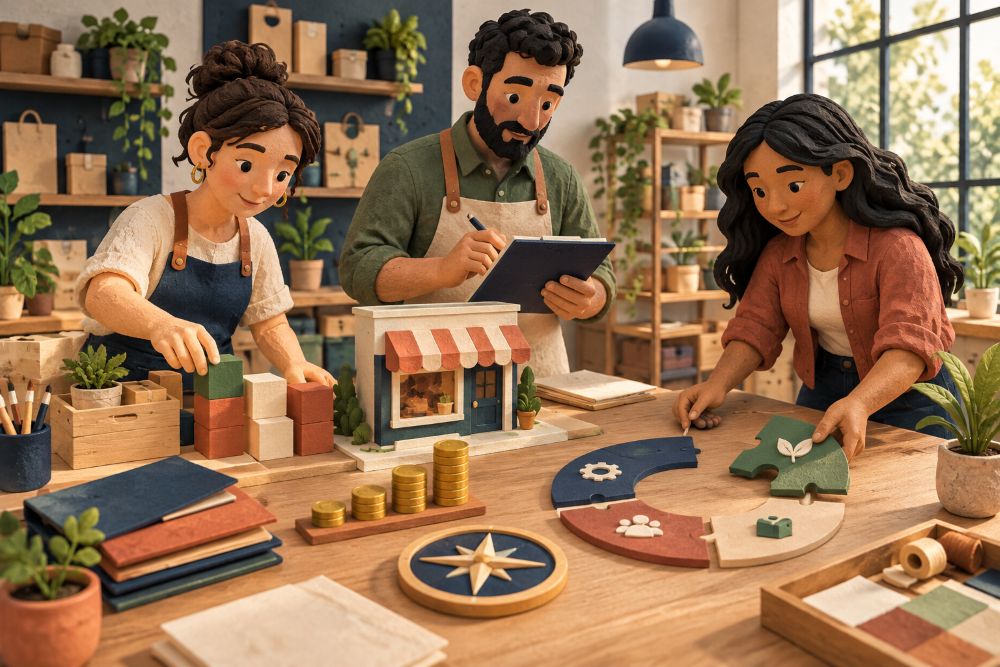Equipo aplicando la administración de empresas en una pequeña empresa