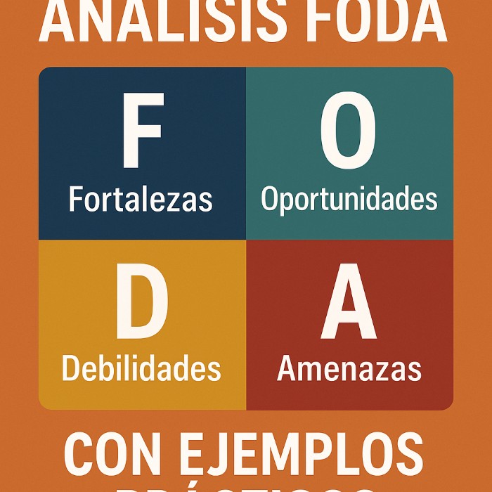 Miniatura colorida con cuadrante FODA mostrando fortalezas, oportunidades, debilidades y amenazas con texto ejemplos prácticos