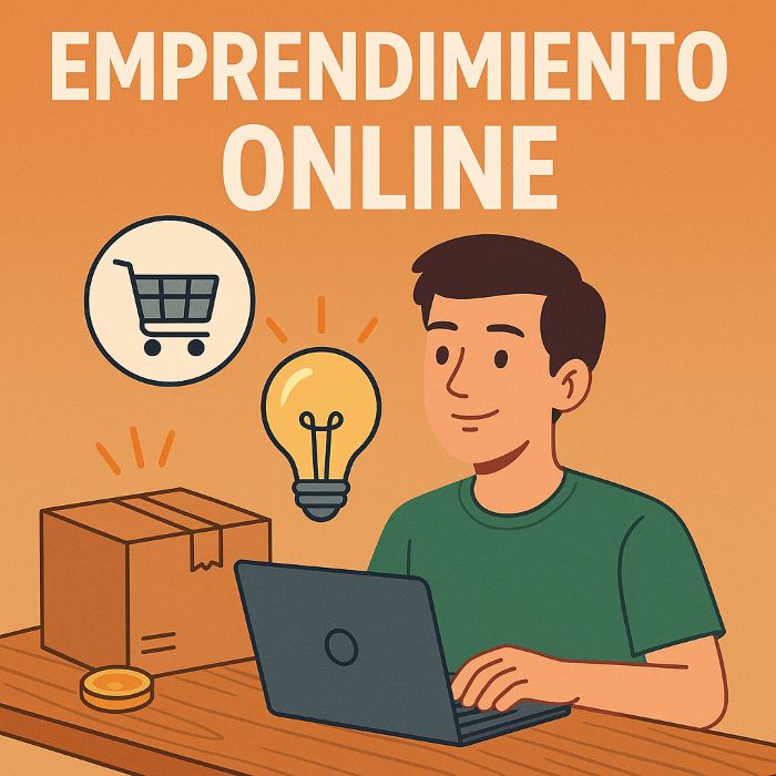 Ilustración de emprendimiento online con laptop, carrito de compras y símbolos de innovación