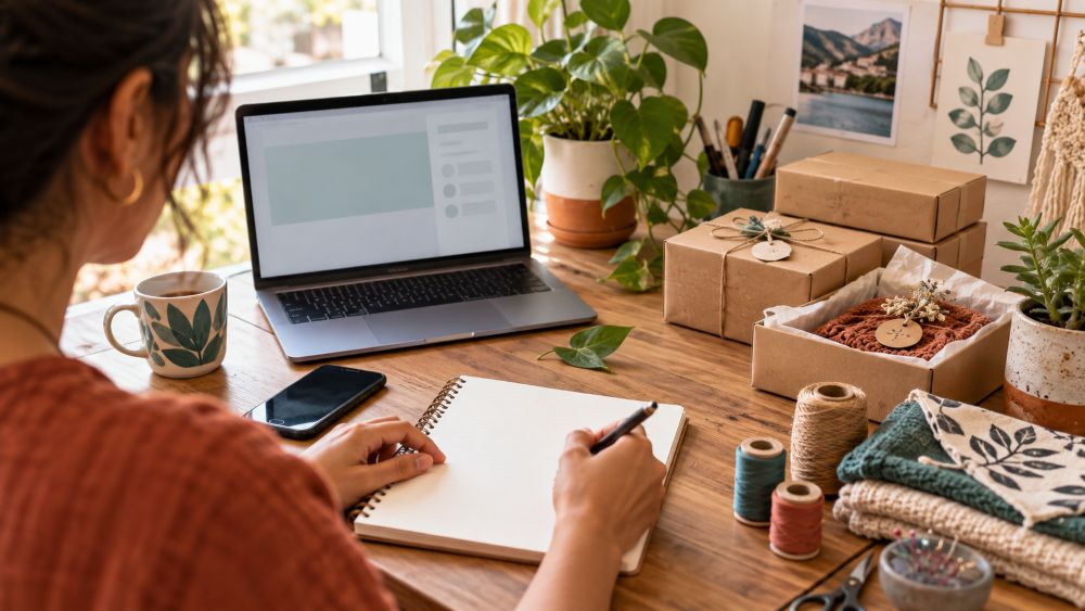 Emprendedora planificando un negocio de baja inversión en su espacio de trabajo