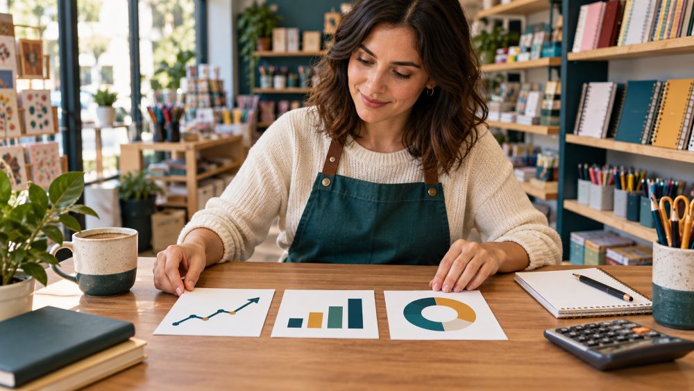 Dueña de una pequeña empresa revisando gráficos de ventas y resultados
