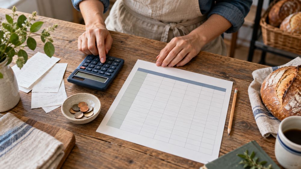 Persona preparando el presupuesto mensual de una pequeña empresa con una calculadora